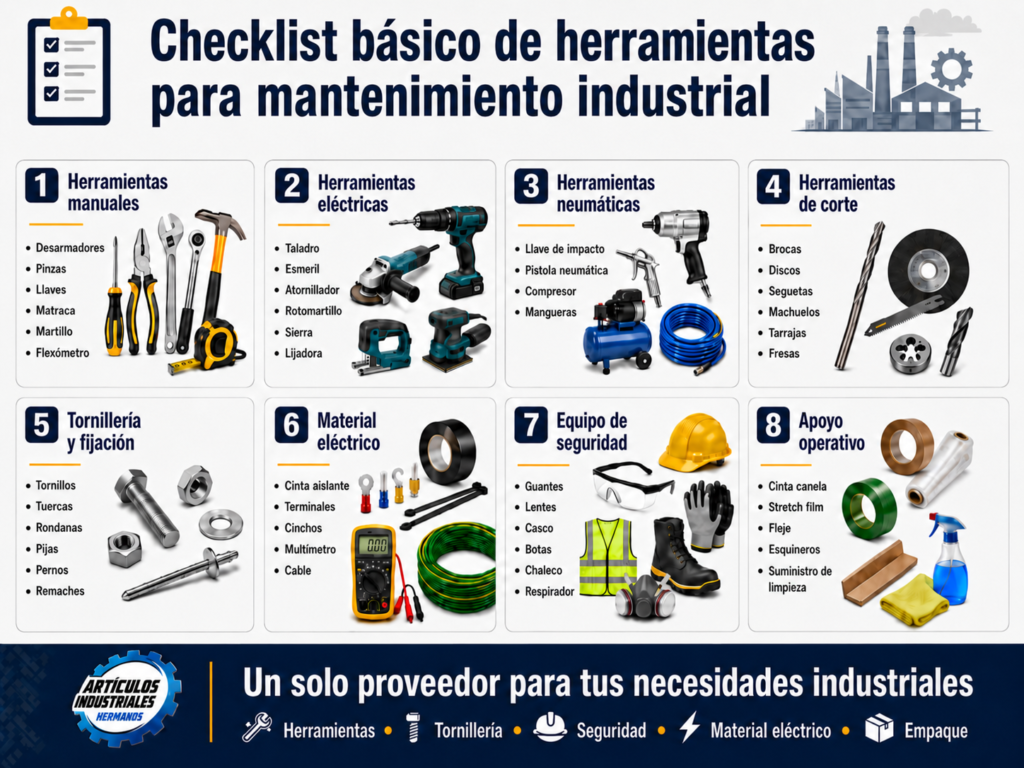 Conoce las herramientas básicas para mantenimiento industrial en empresas de CDMX y área metropolitana. Cotiza herramientas, tornillería, equipo de seguridad y más con Artículos Industriales Hermanos.